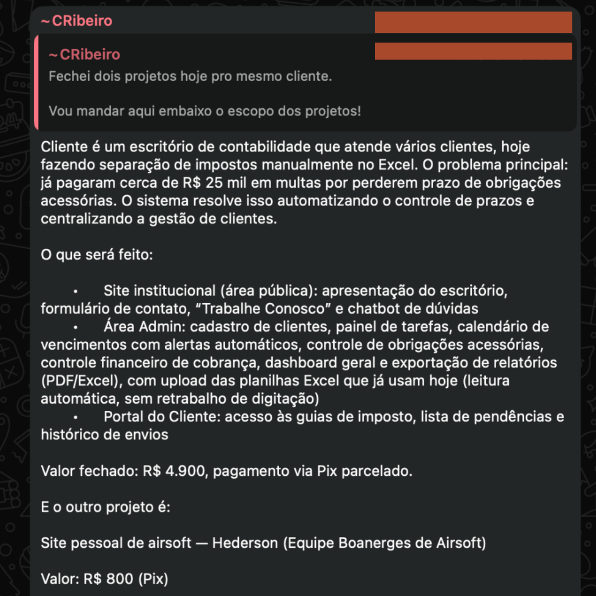 Aluno fechou dois projetos no mesmo cliente
